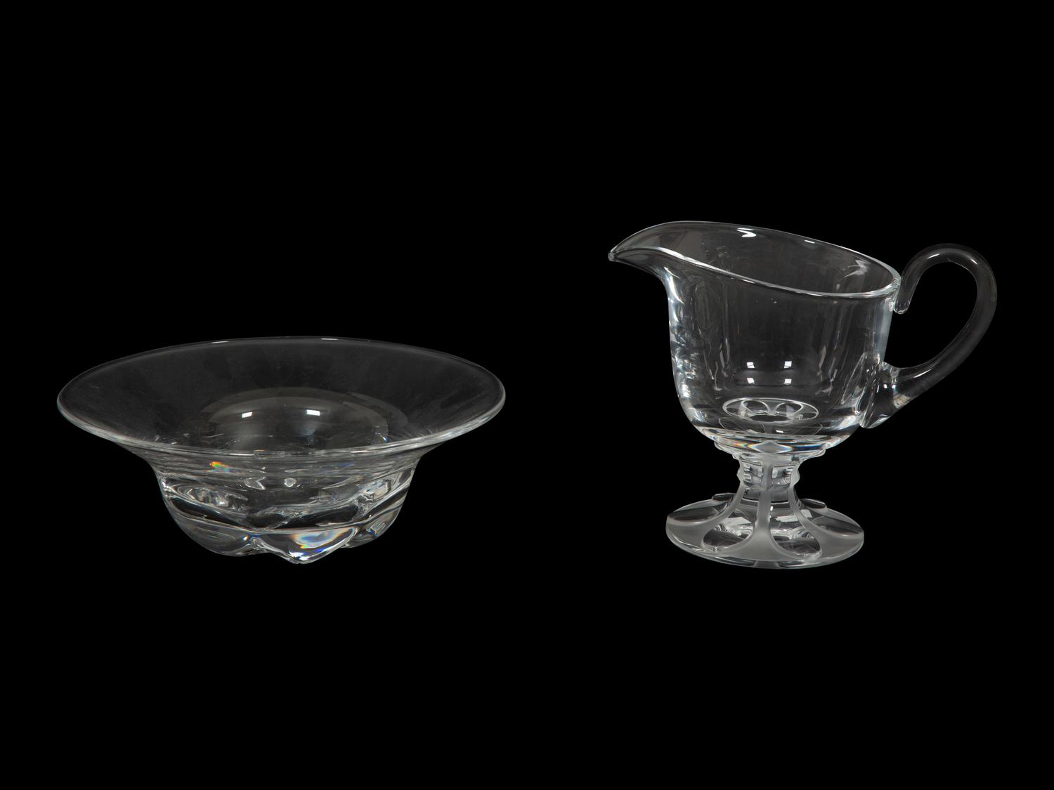A Lalique Clear Glass Pitcher and an Orrefors Footed Bowl