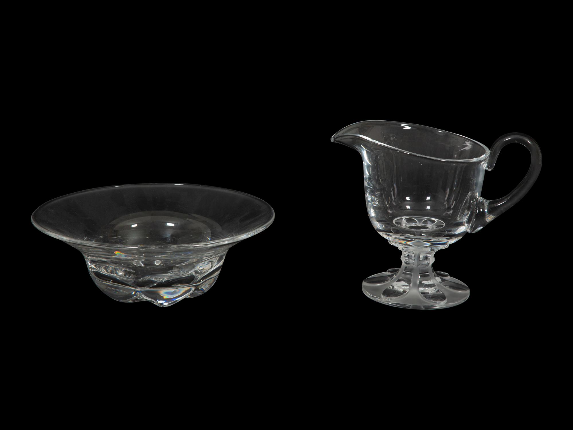 A Lalique Clear Glass Pitcher and an Orrefors Footed Bowl