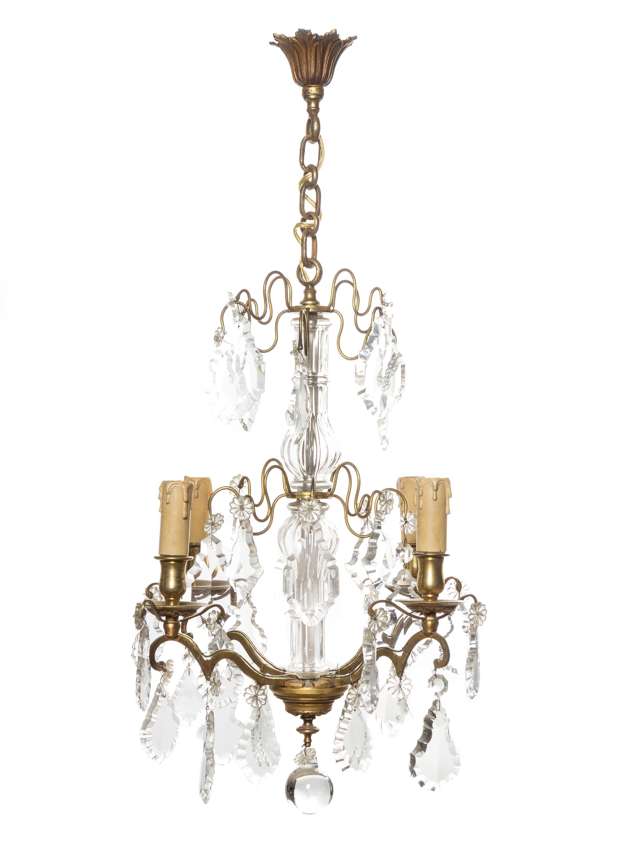 A French Gilt Bronze and Glass Four-Light Chandelier, Height 22 1/2 x diameter 15 inches.