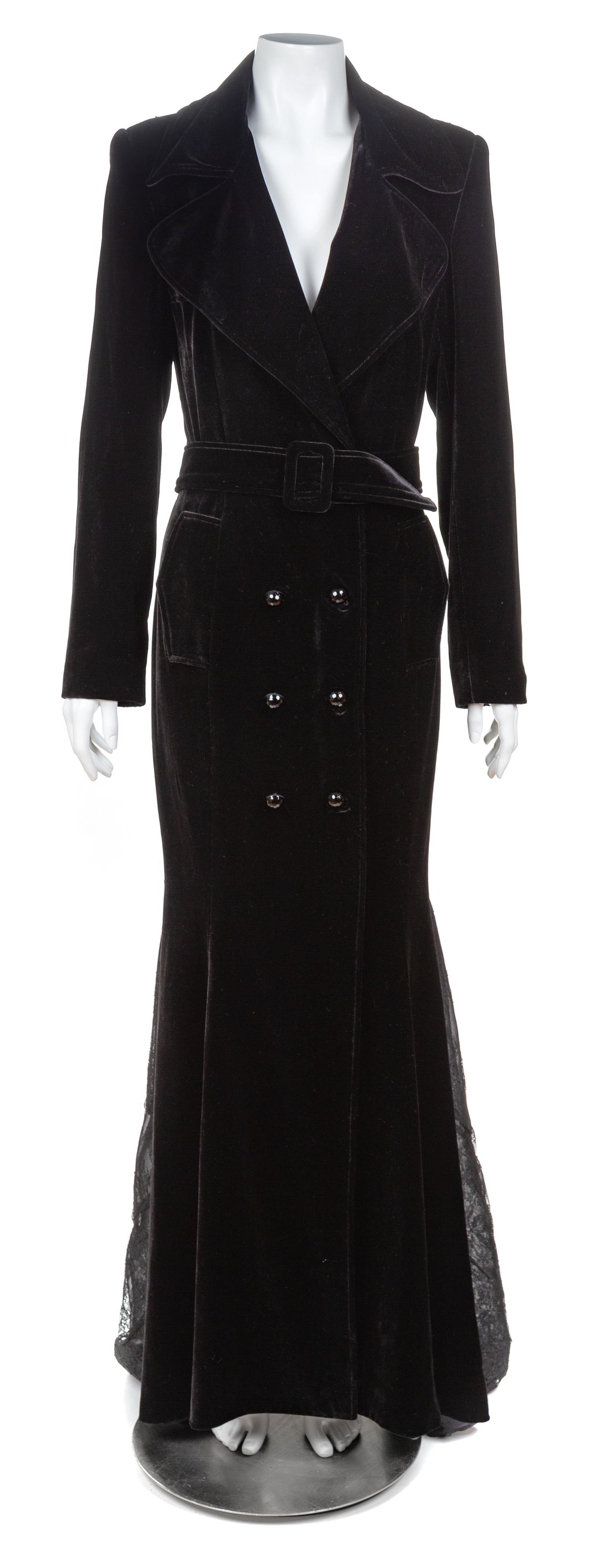 A Zang Toi Black Silk Velvet Floor Length Evening Coat Dress, Size 6.