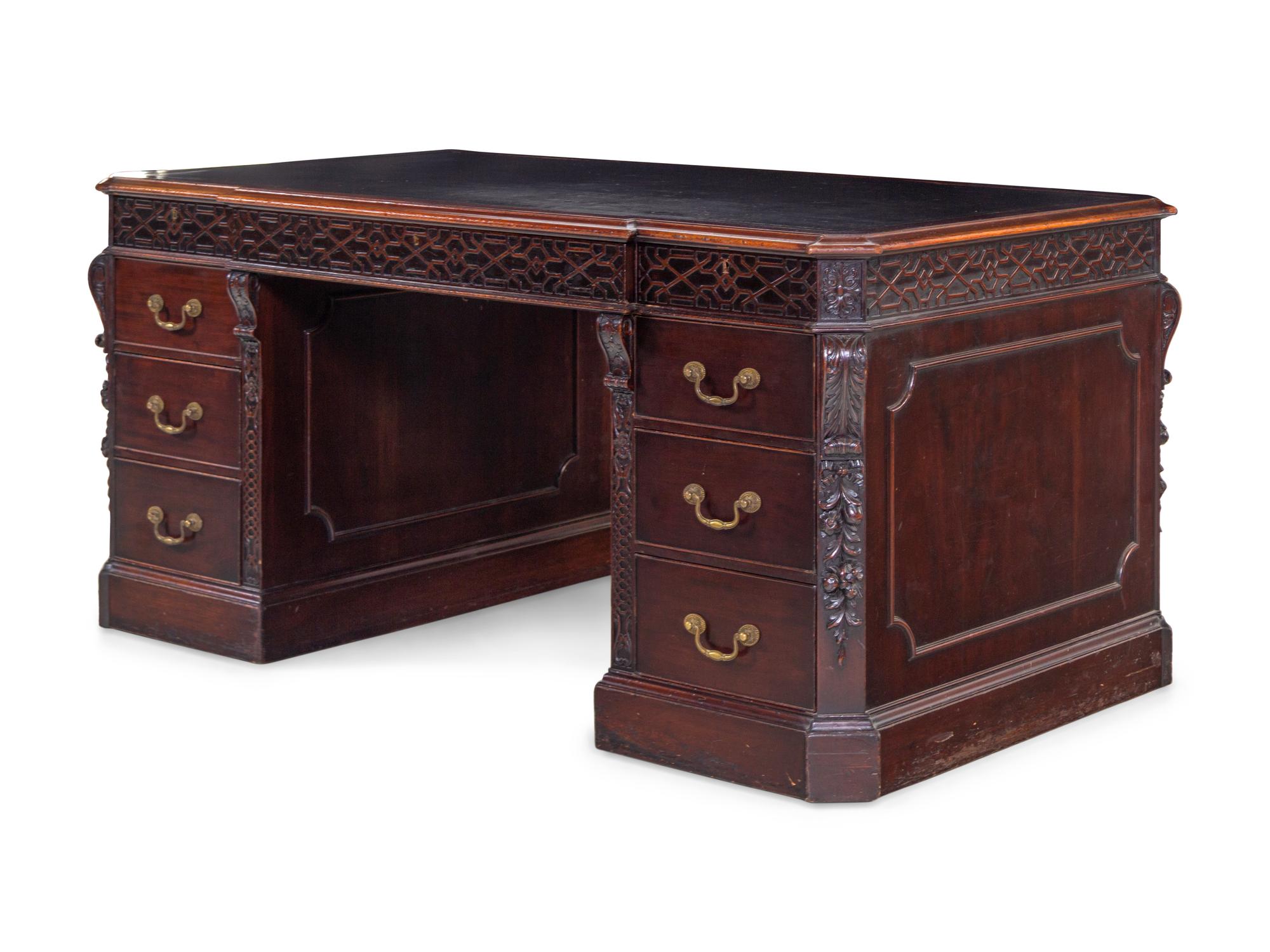 A Chinese Chippendale Style Mahogany Partners Desk