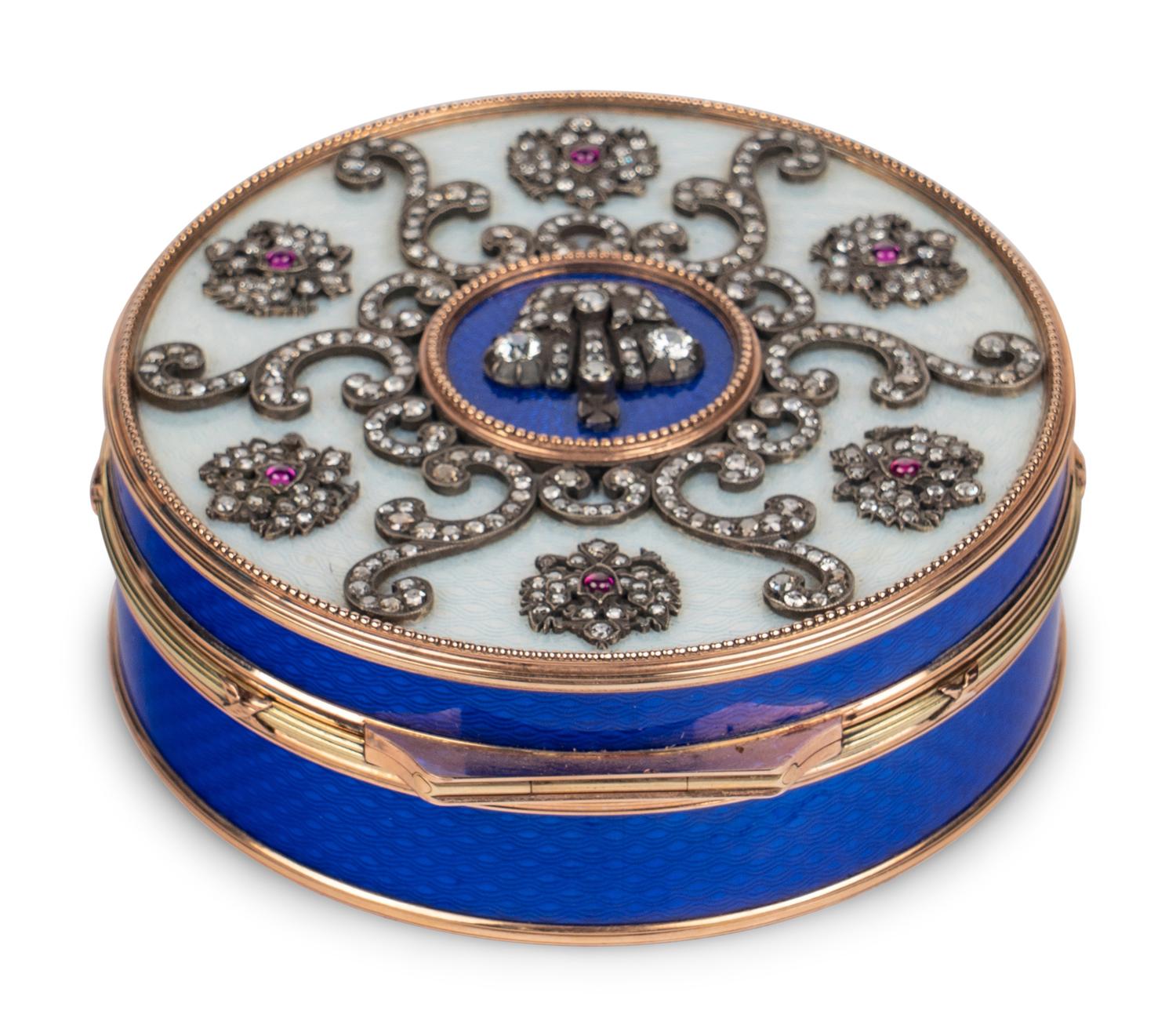 A 14 Karat Vari-Color Gold, Guilloché Enamel, Diamond, and Cabochon Jewel-Mounted Snuff Box