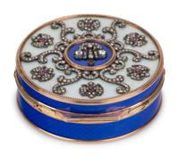 A 14 Karat Vari-Color Gold, Guilloché Enamel, Diamond, and Cabochon Jewel-Mounted Snuff Box