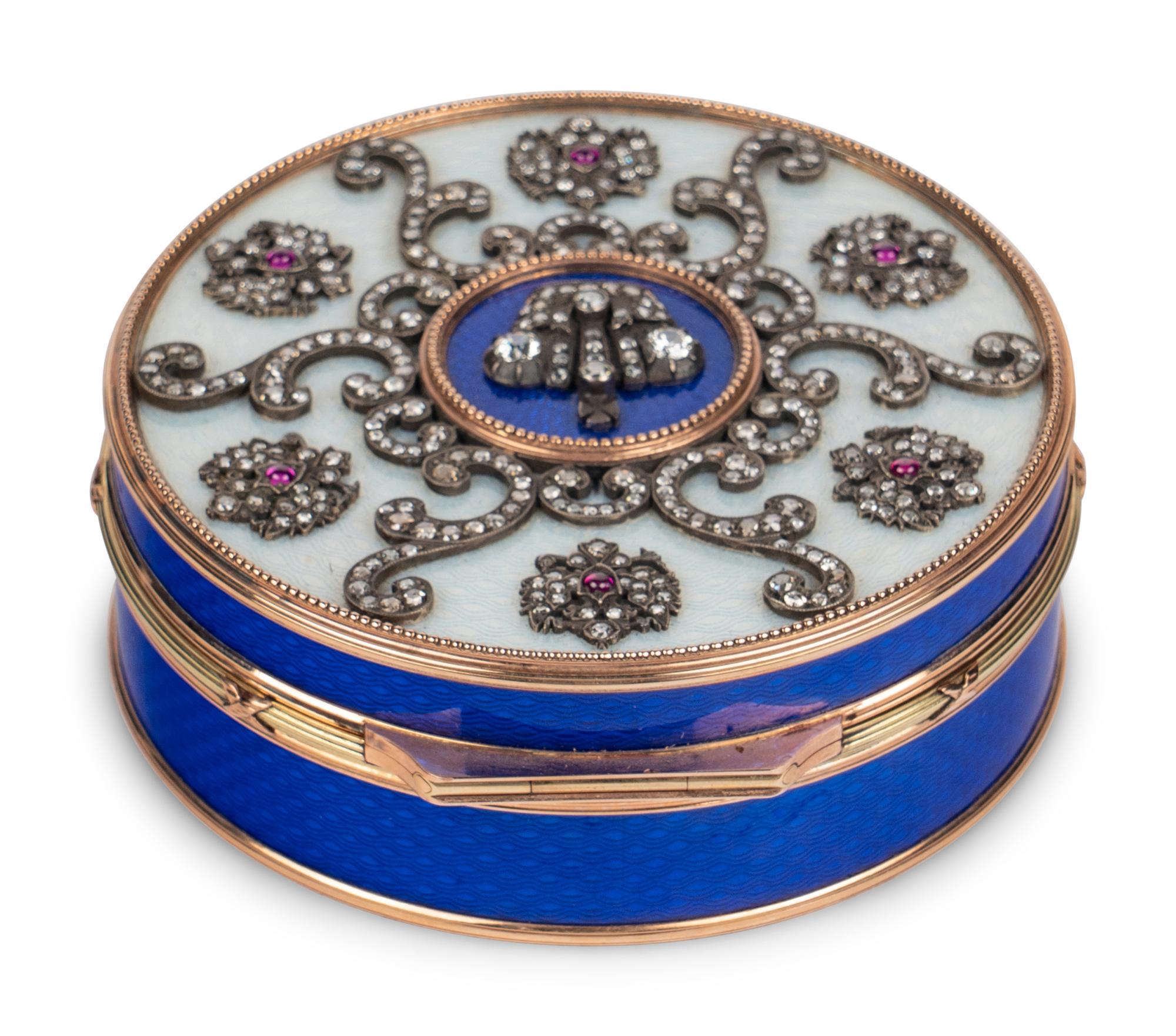 A 14 Karat Vari-Color Gold, Guilloché Enamel, Diamond, and Cabochon Jewel-Mounted Snuff Box