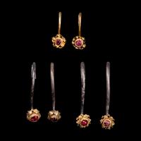 Three Pairs of Chinese Ruby Inset Gold and Silver 'Clove' Earrings, Dingxiang, Ming Dynasty 明 銀脚金嵌寳花頭丁香三對