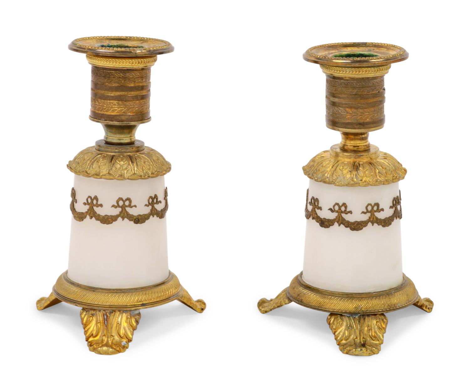 A Pair of Empire Style Gilt Bronze Mounted Marble Candlesticks