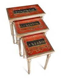 A Set of Four Venetian Style Silvered and Polychrome Decorated Nesting Tables