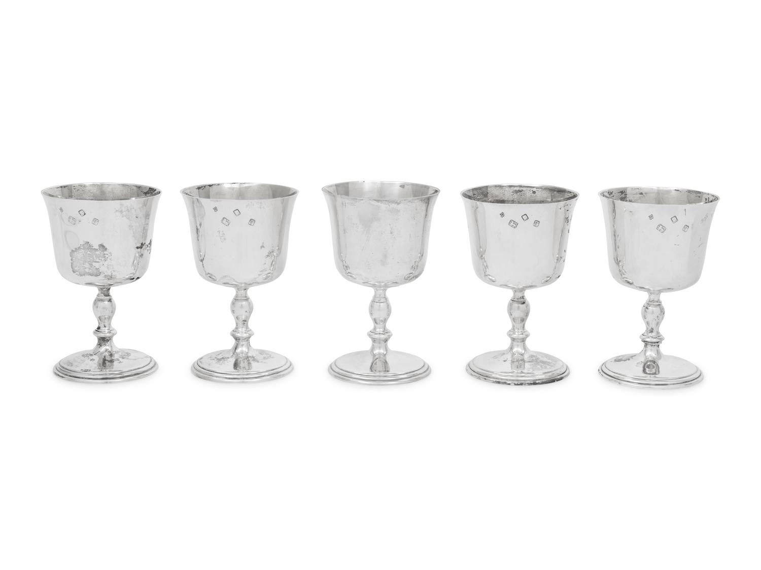 A Set of Five English Silver Goblets