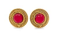 A Pair of Chanel Goldtone and Red Gripoix Glass Earclips,