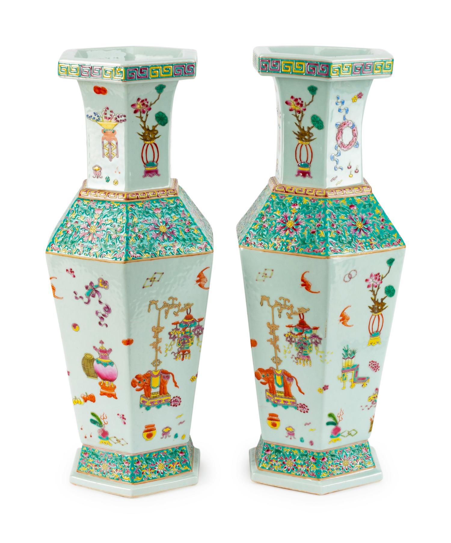 A Pair of Chinese Famille Rose Porcelain Hexagonal Vases