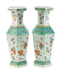 A Pair of Chinese Famille Rose Porcelain Hexagonal Vases