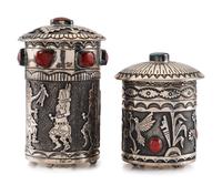 Stamped Sterling Silver Lidded Cases, with Turquoise and Coral Inlay