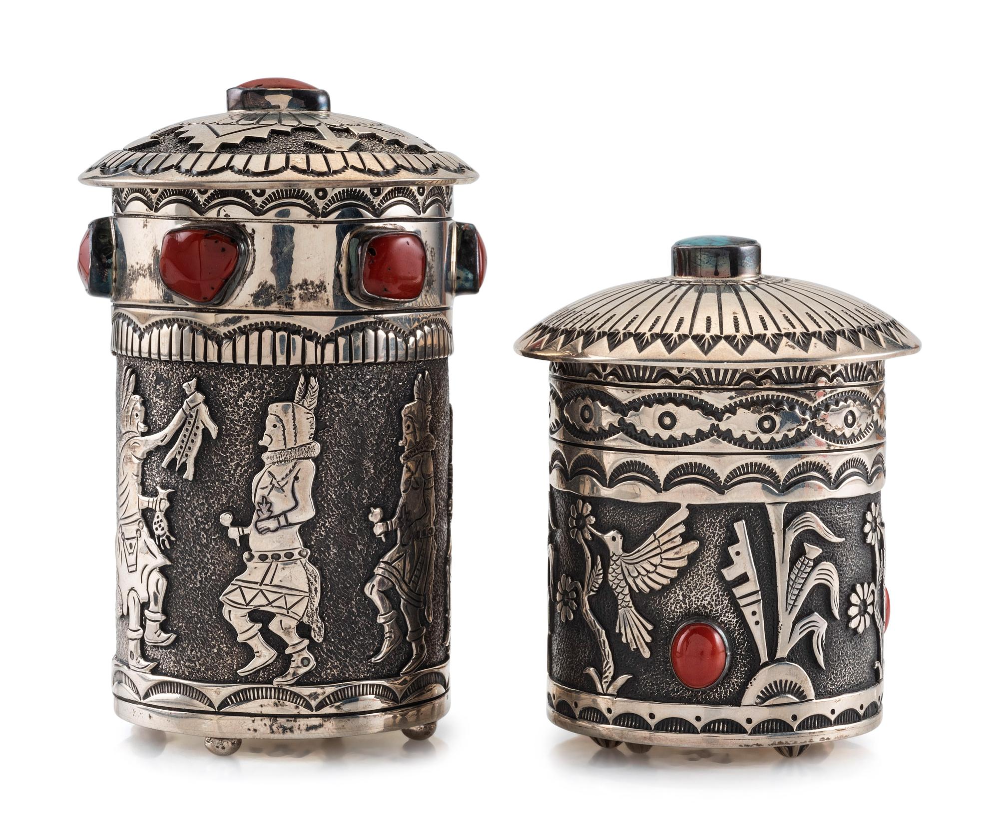 Stamped Sterling Silver Lidded Cases, with Turquoise and Coral Inlay