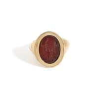A Roman Carnelian Ring Stone with Two Male Deities and a Child — Set in a gold ring