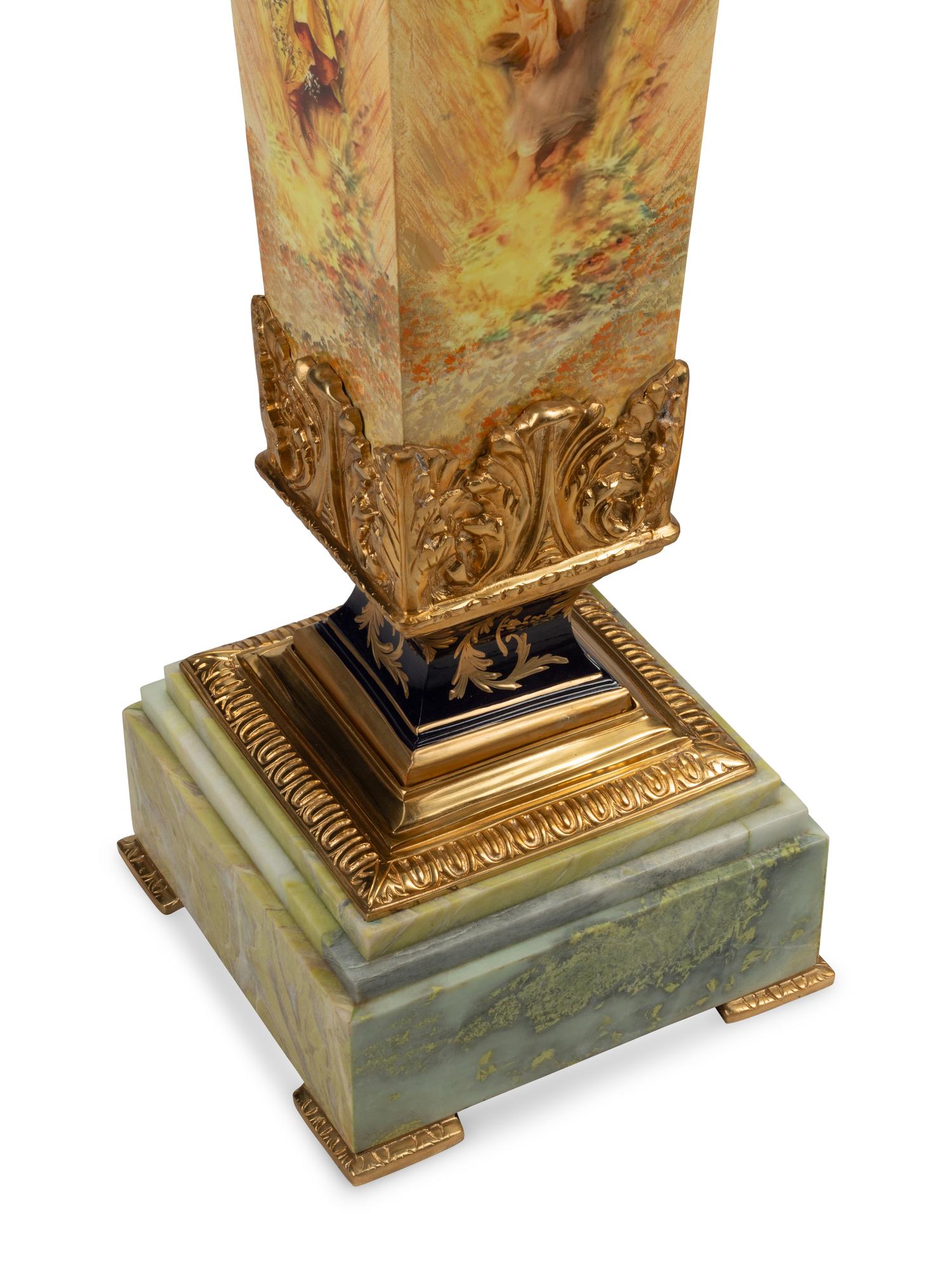 A Pair of Napoleon III Style Gilt Metal Mounted Marble and Metal Pedestals