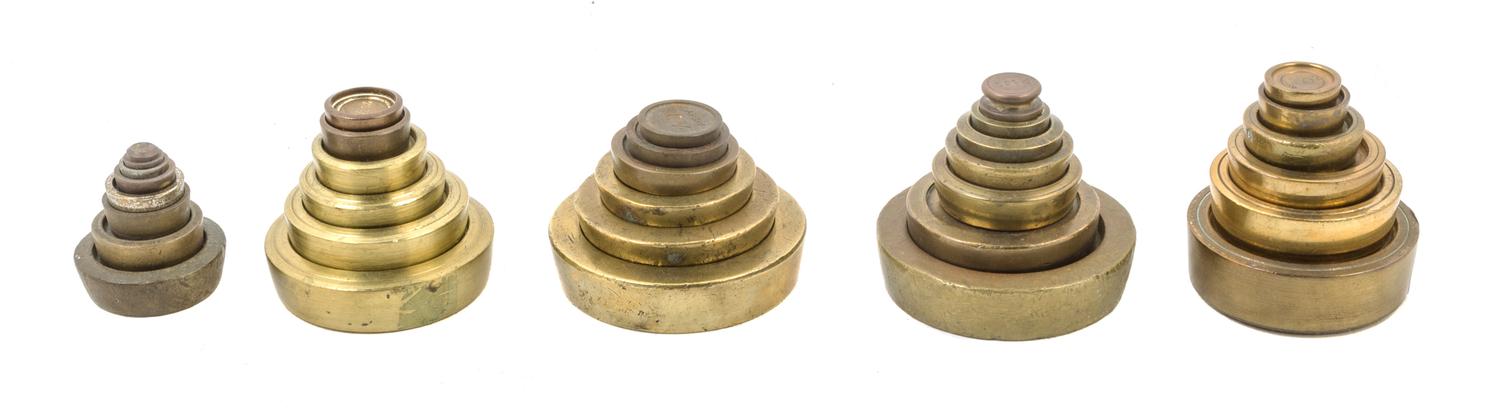 Five Sets of Brass Weights Diameter of widest 2 7/8 inches. — LATE 19TH CENTURY/EARLY 20TH CENTURY