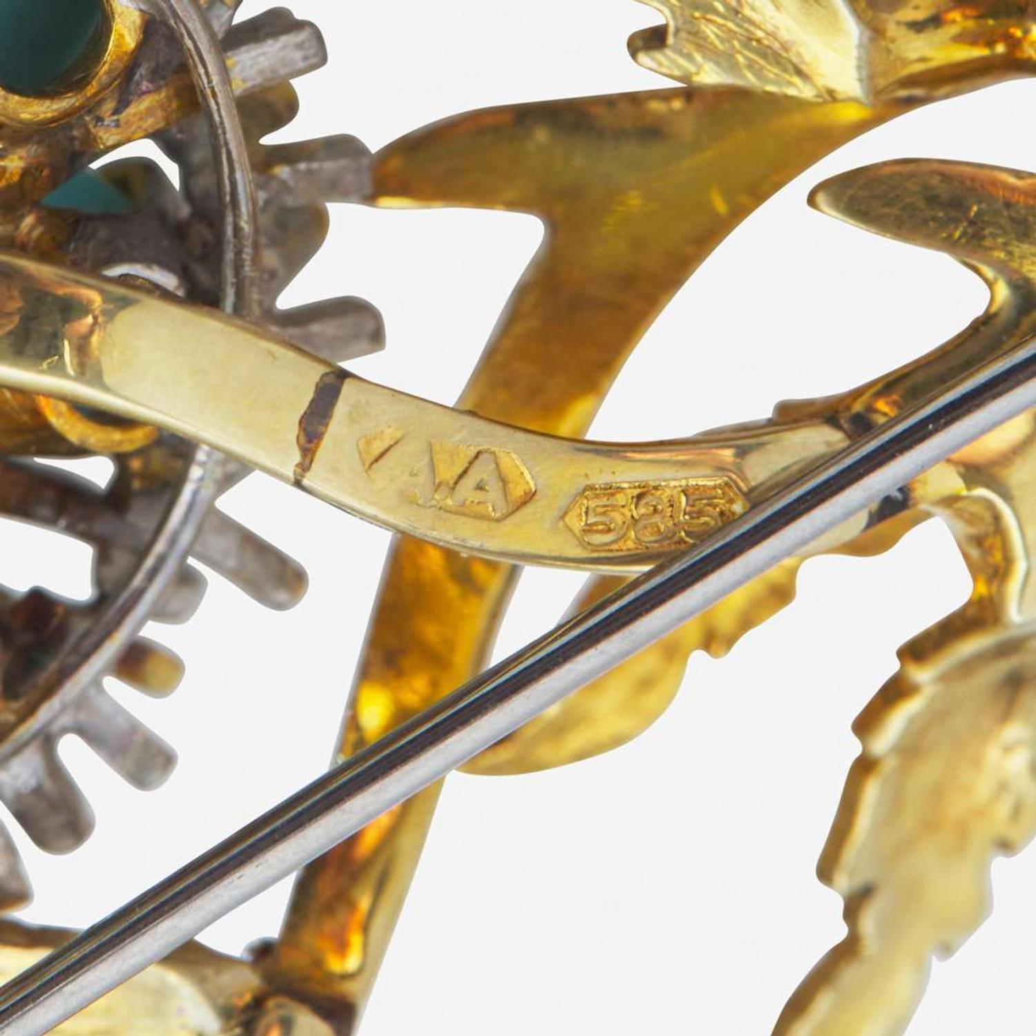 A Two-Tone 14K Gold, Ruby, and Turquoise Brooch