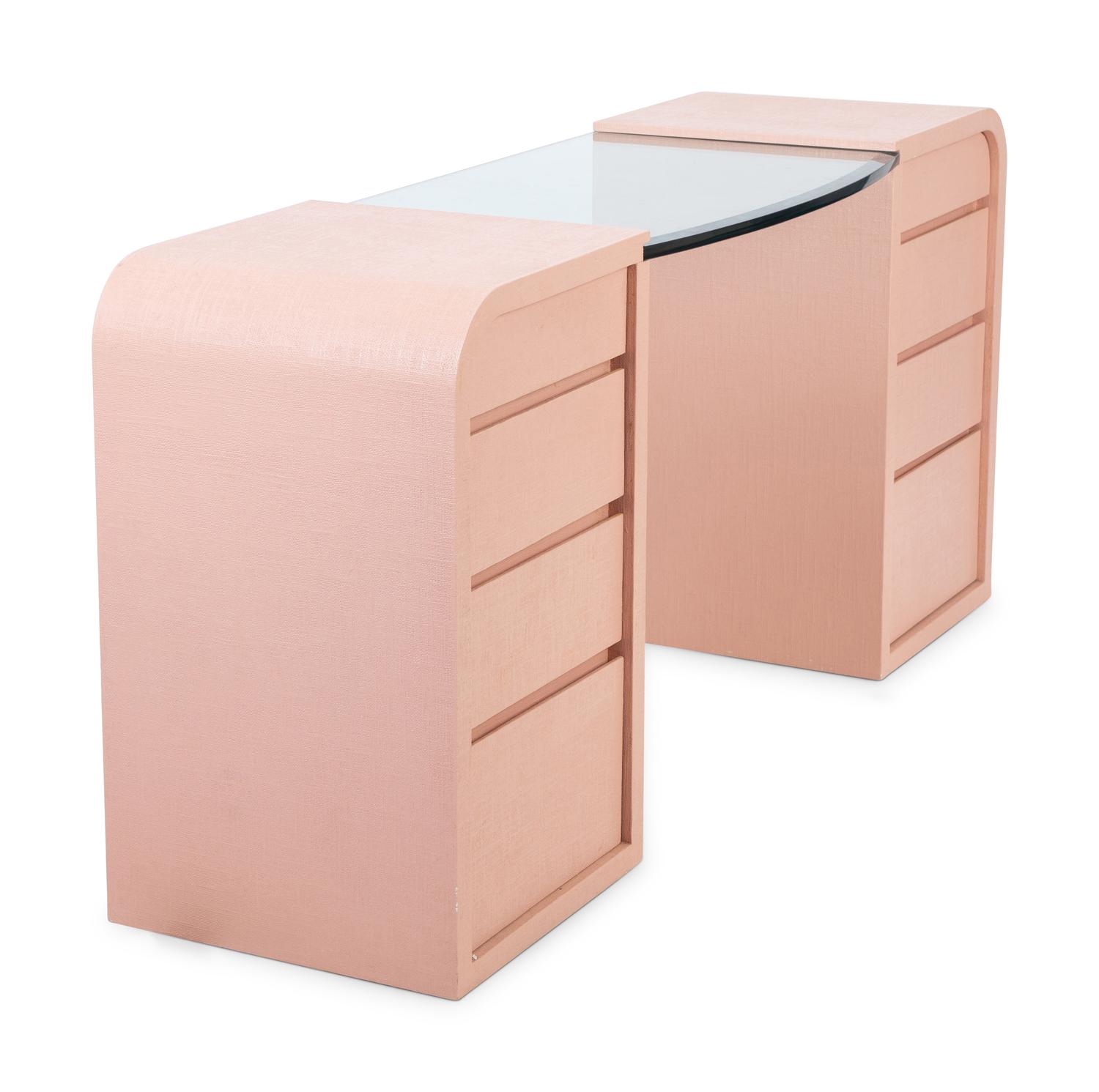 A Karl Springer Style Painted Cloth Wrapped and Glass Dressing Table with a Lucite Stool — CIRCA 1970