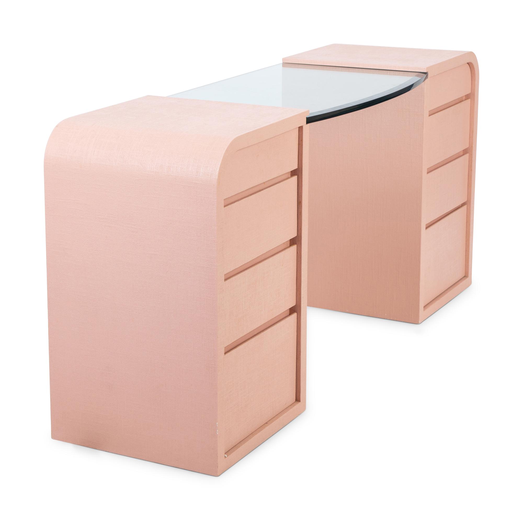 A Karl Springer Style Painted Cloth Wrapped and Glass Dressing Table with a Lucite Stool — CIRCA 1970