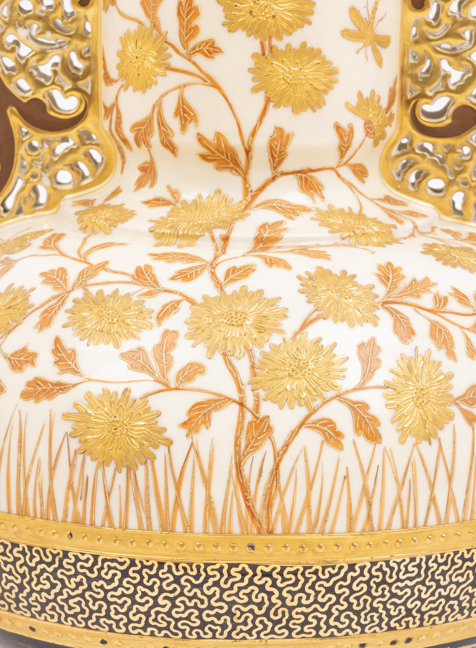 An Aesthetic Movement Gilt Decorated Earthenware Vase
