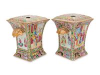 A Pair of Export Rose Medallion Porcelain Cache Pots, Tulip Vases