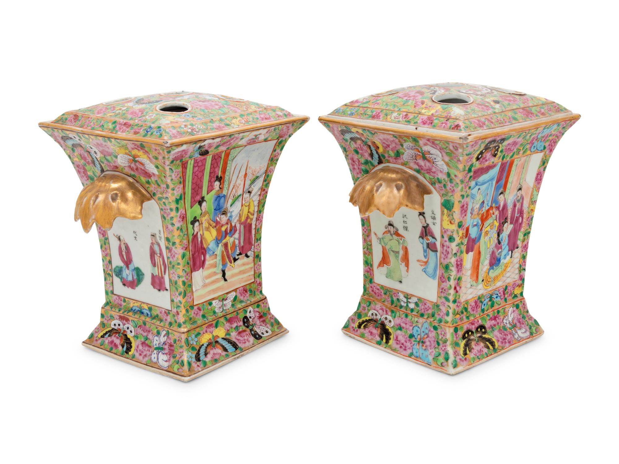 A Pair of Export Rose Medallion Porcelain Cache Pots, Tulip Vases