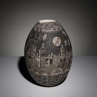 Hector Javier Martinez Mendez and Gabriela Perez de Martinez (Mata Ortiz, 20th century) — Black-on-Cream Sgraffito Pottery Jar, Remembering Artist Past - Night