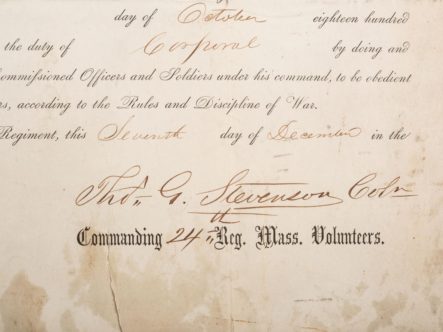 [CIVIL WAR]. Appointment signed by Brig. Gen. Thomas G. Stevenson as Colonel, 24th Mass., KIA.