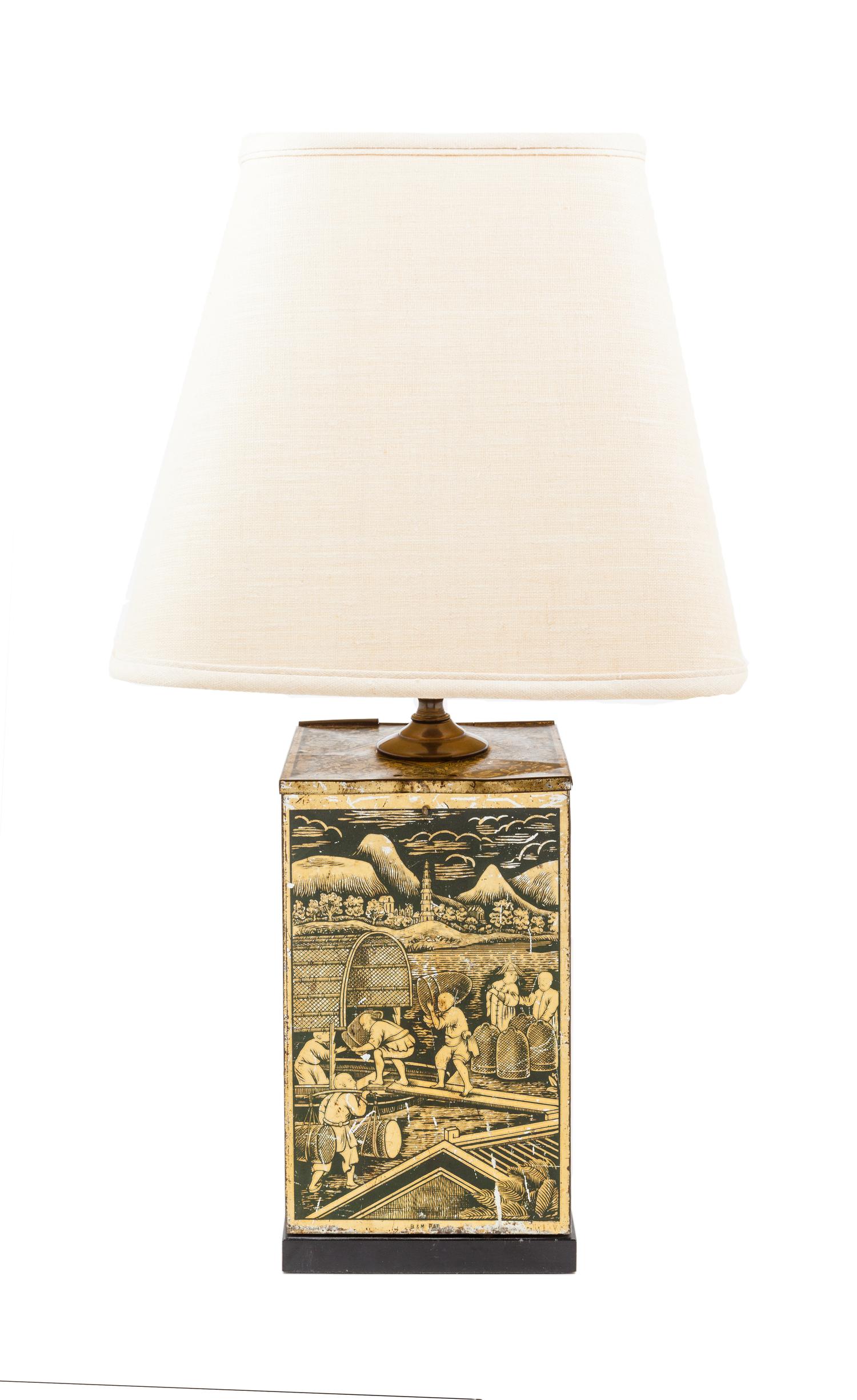 A Chinoiserie Decorated Tin Canister Mounted as a Lamp