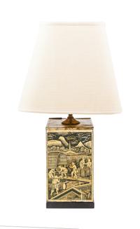 A Chinoiserie Decorated Tin Canister Mounted as a Lamp