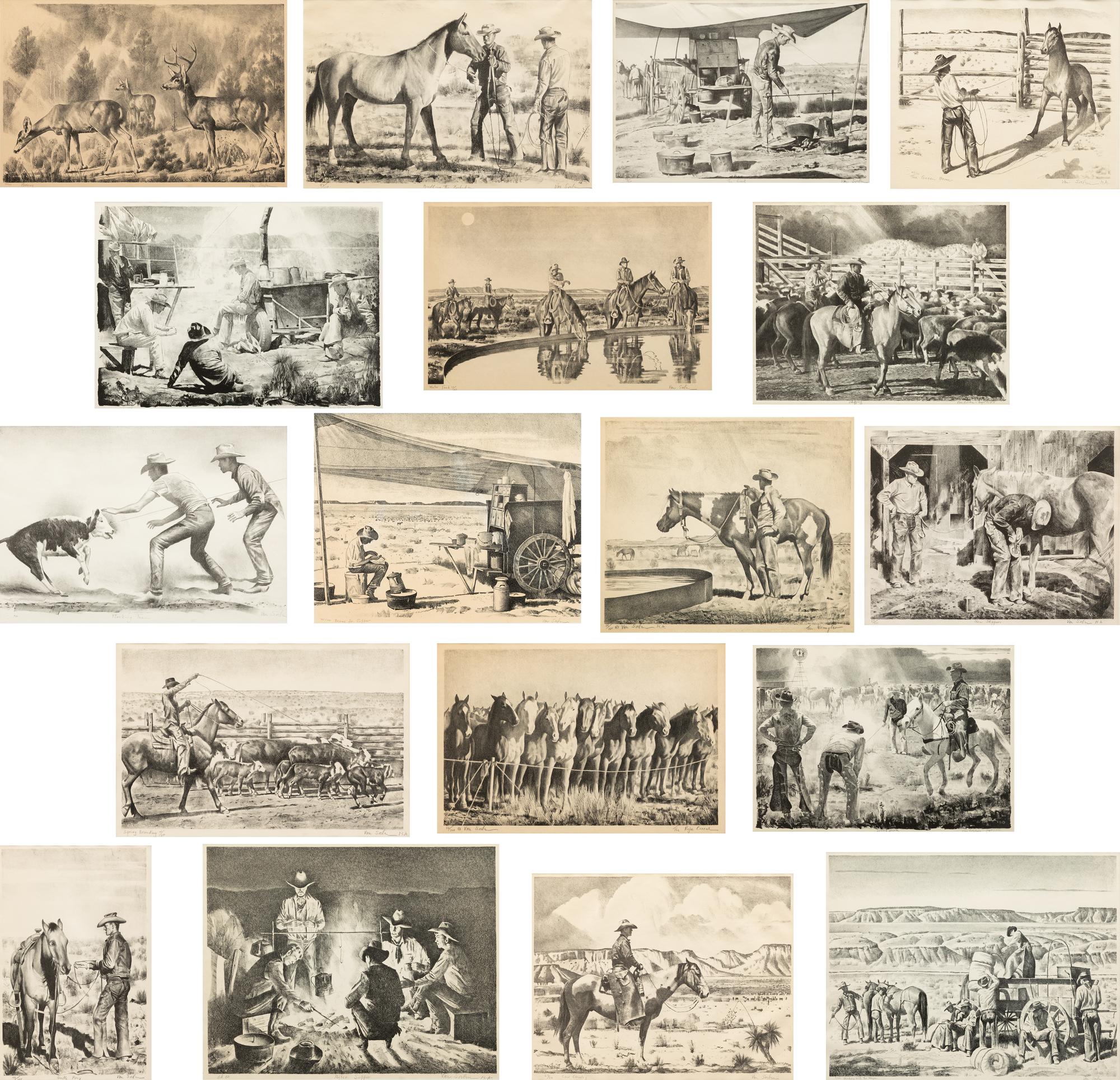 Chuckwagons and Cowboys , Complete Portfolio of 18 Works: Gentle Pony; Spring Work; The Rope Corral; Shipping; New Slippers; Noon On Demand; The Green Bronc; Cow Country; After Supper; Beans for Supper; Spring Branding; Working the Wagon; Morning; Water Tank; The Cook; Flanking Team; Bridling the Buckskin; The Wrangler