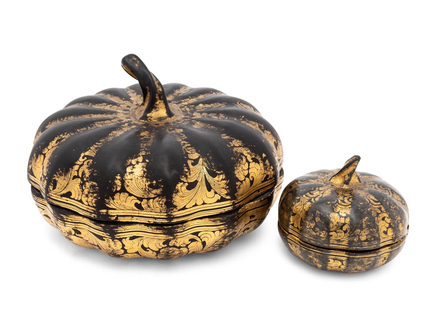 Two Chinese Export Lacquer Gourd Containers