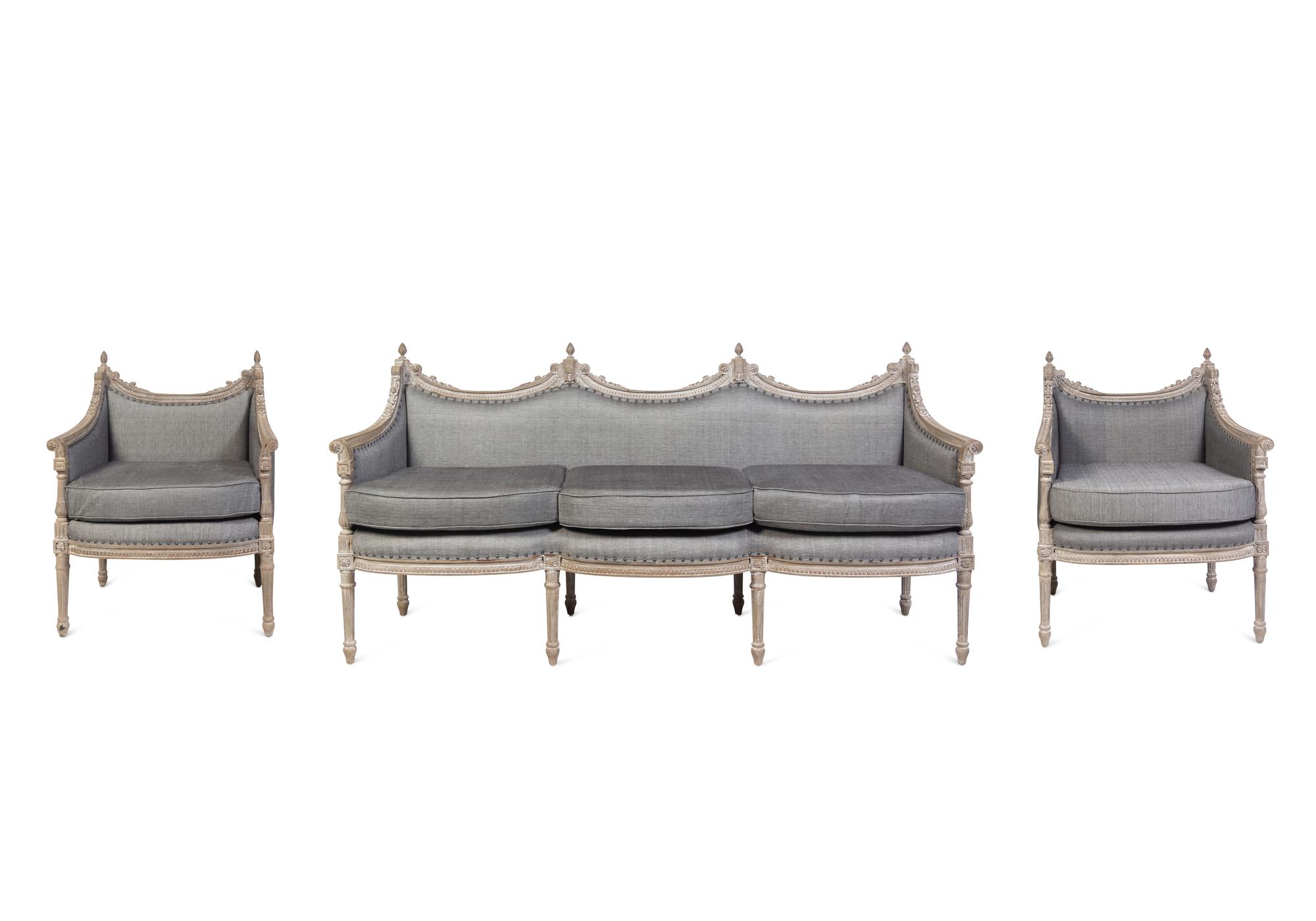A Louis XVI Style Gray-Painted Three-Piece Seating Suite