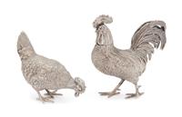 Two German Silver Zoomorphic Casters, 20th Century, in the form of a rooster and hen.