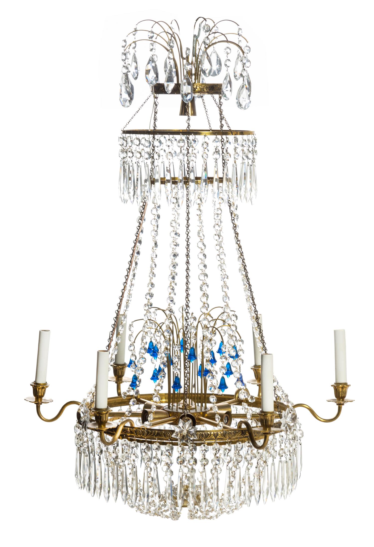 A Baltic Style Gilt Metal Twelve-Light Chandelier Height 38 x diameter 26 inches.