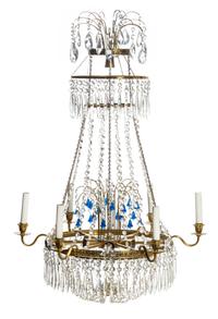 A Baltic Style Gilt Metal Twelve-Light Chandelier Height 38 x diameter 26 inches.