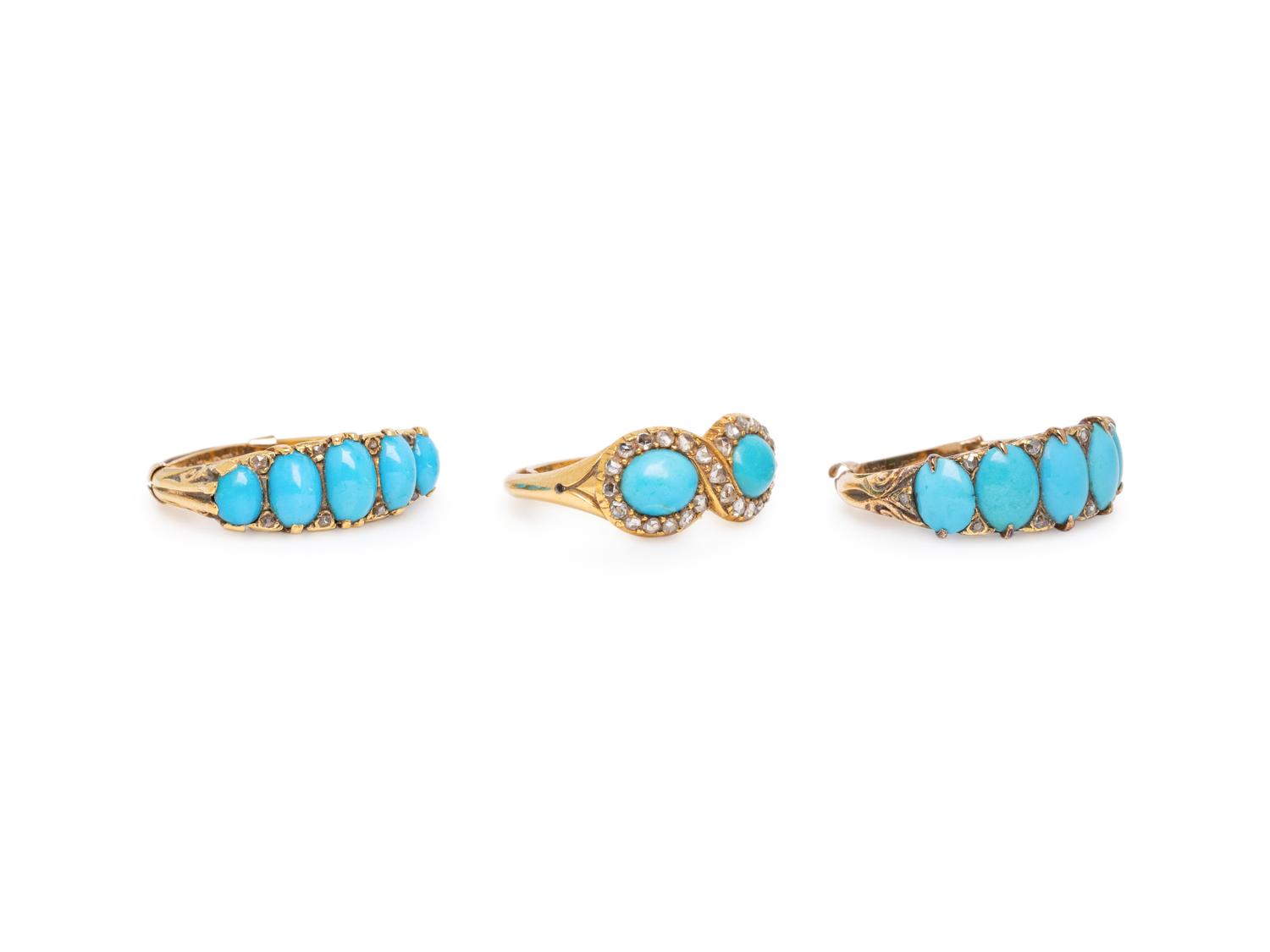 THREE TURQUOISE, DIAMOND, AND YELLOW GOLD RINGS