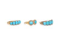 THREE TURQUOISE, DIAMOND, AND YELLOW GOLD RINGS