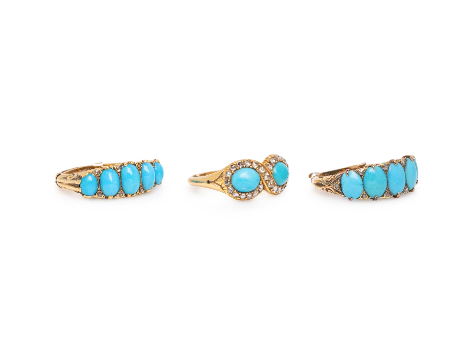 THREE TURQUOISE, DIAMOND, AND YELLOW GOLD RINGS