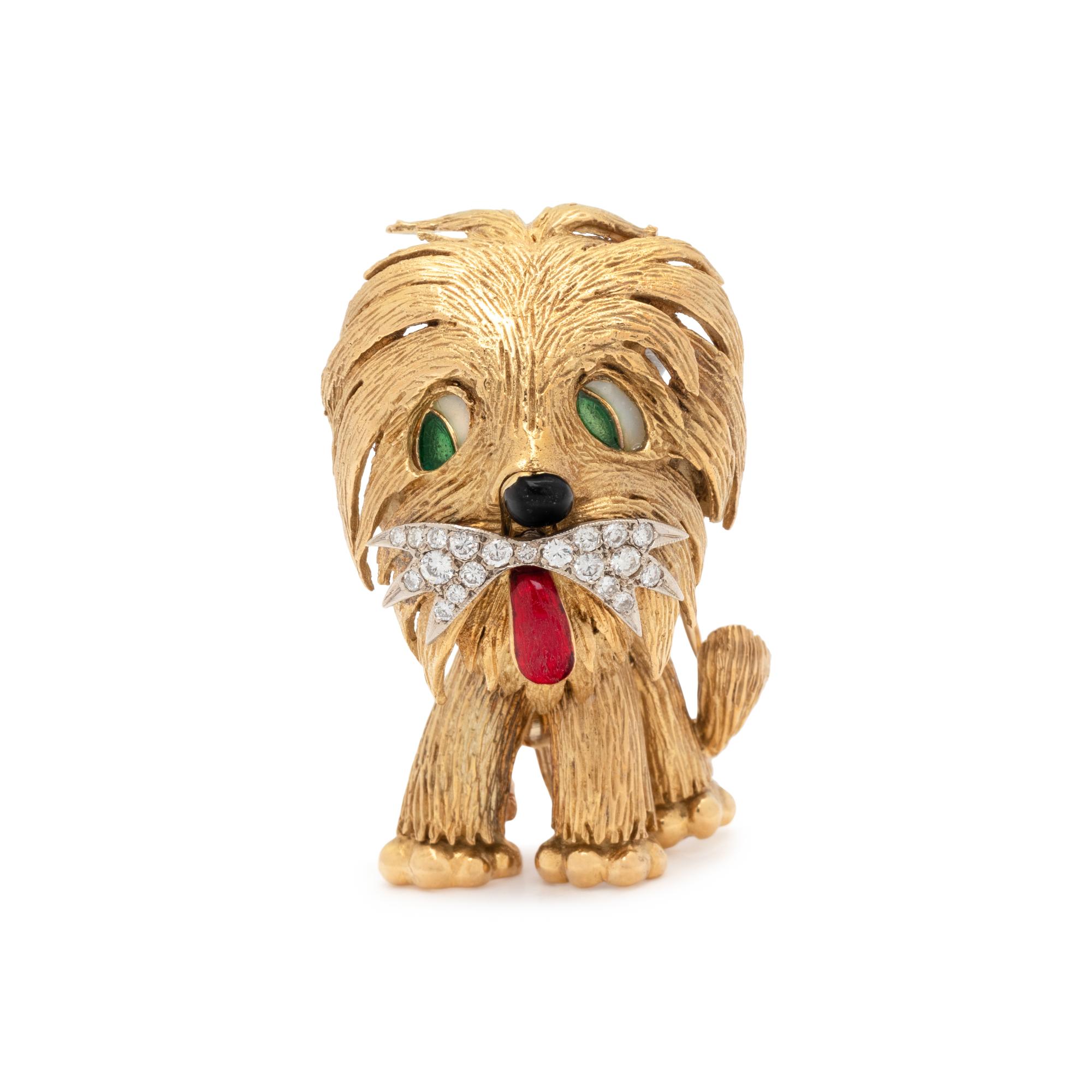 YELLOW GOLD, DIAMOND AND POLYCHROME ENAMEL DOG BROOCH