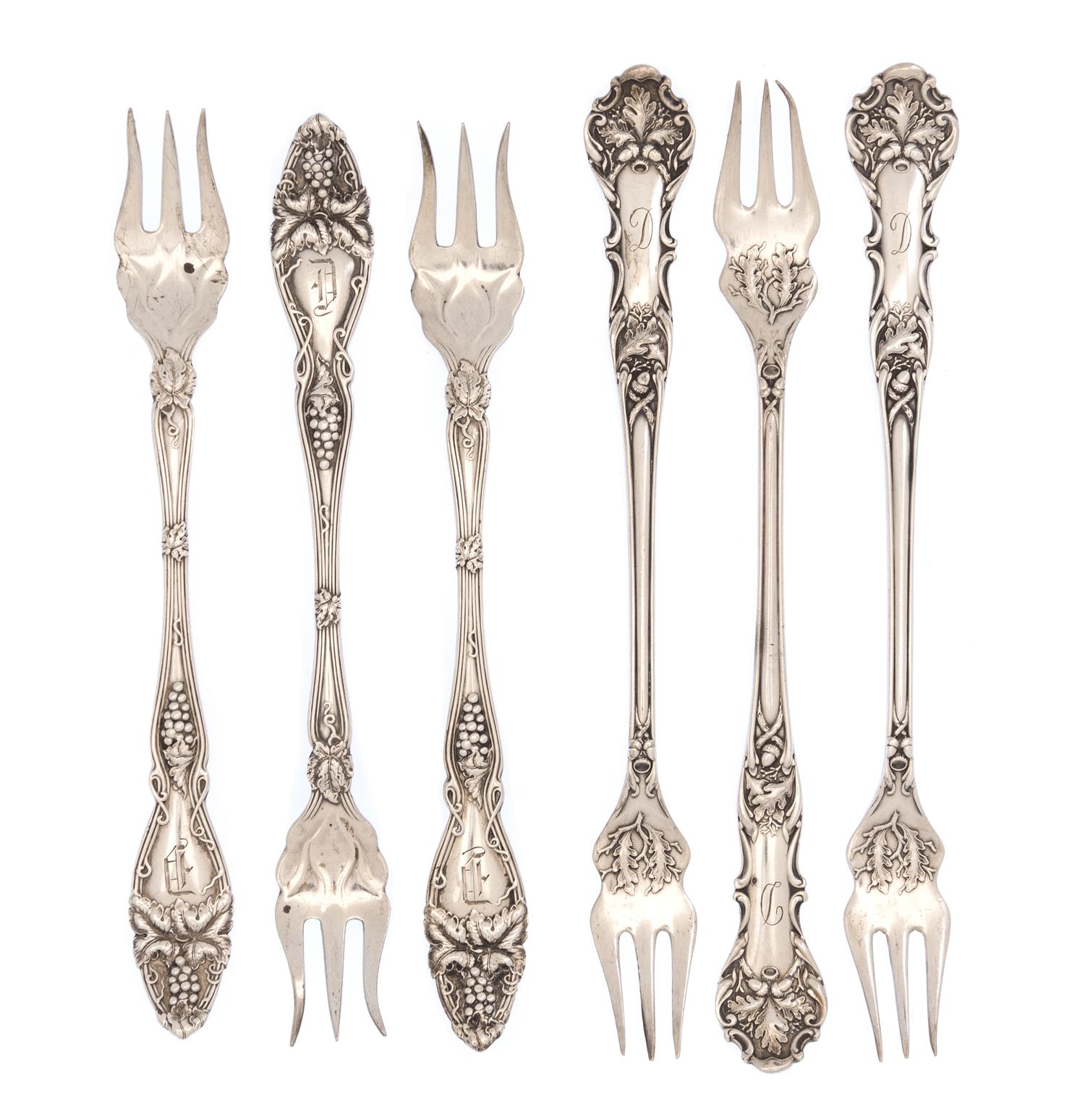 A Set of Five American Silver Cocktail Forks, Likely International Silver Co., Meriden, CT, 19th/20th Century, together with five Roger