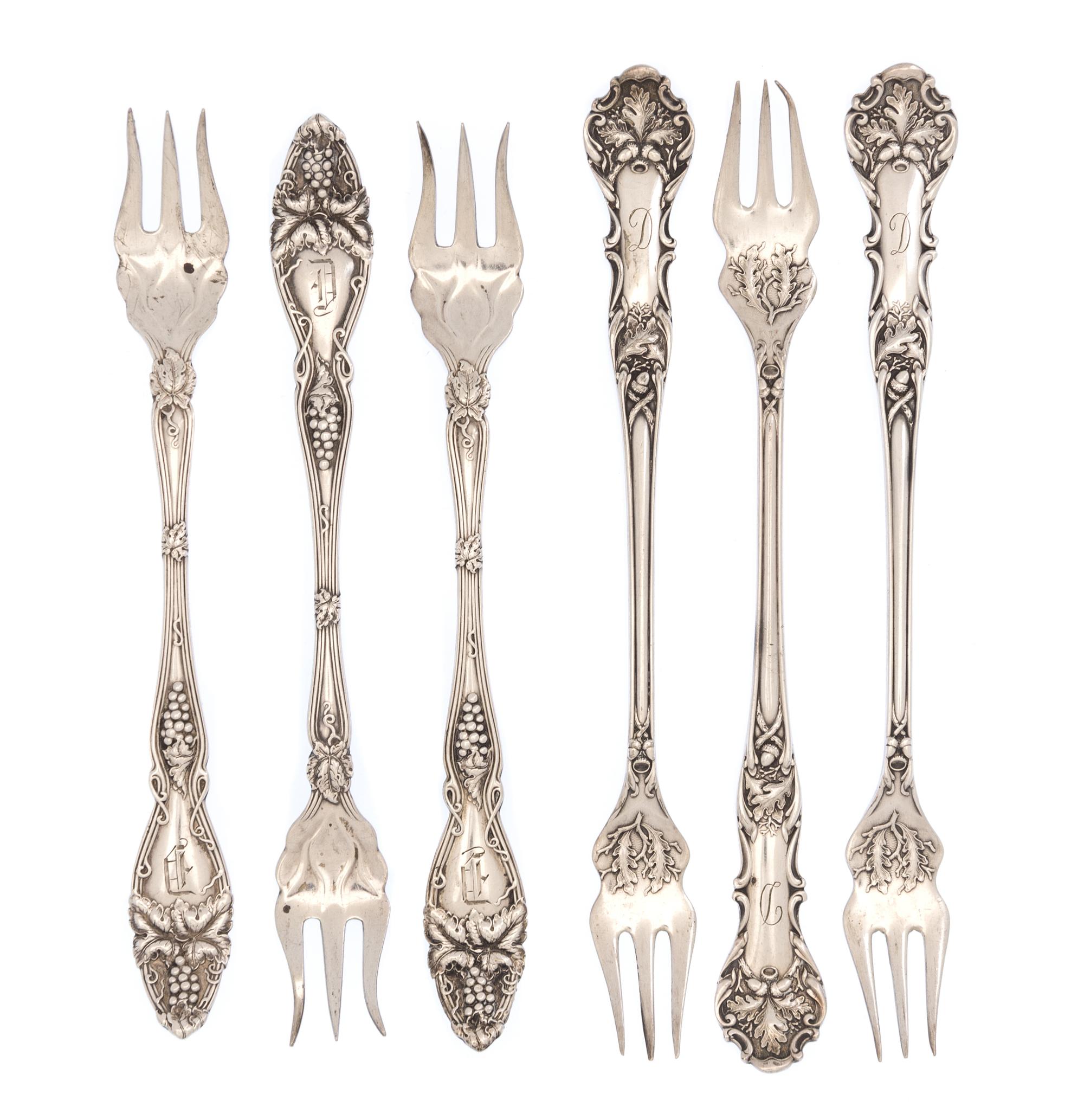 A Set of Five American Silver Cocktail Forks, Likely International Silver Co., Meriden, CT, 19th/20th Century, together with five Roger