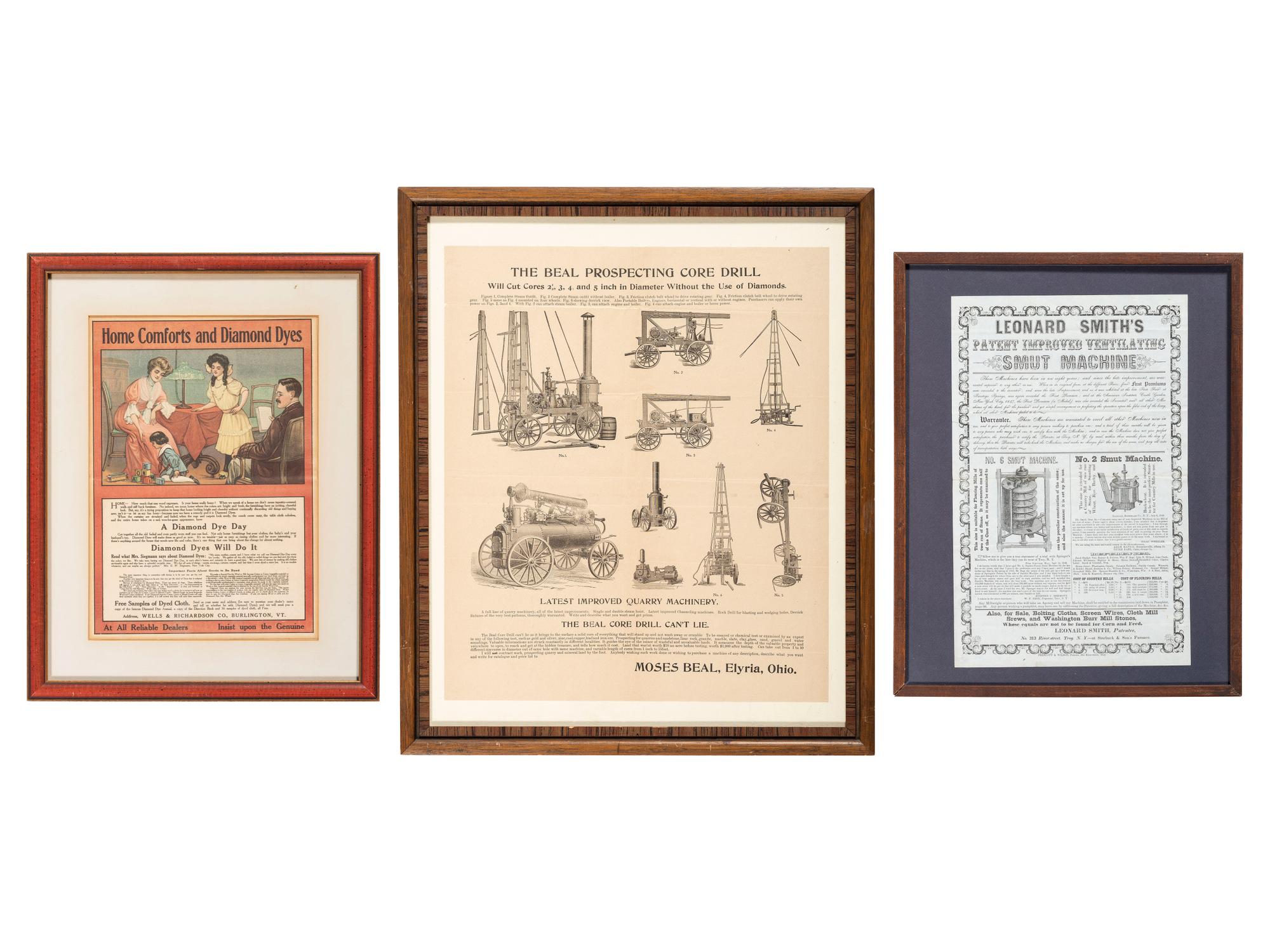 [ADVERTISING]. A group of 3 broadsides promoting machines and goods, incl. Leonard Smith's Smut Machine.
