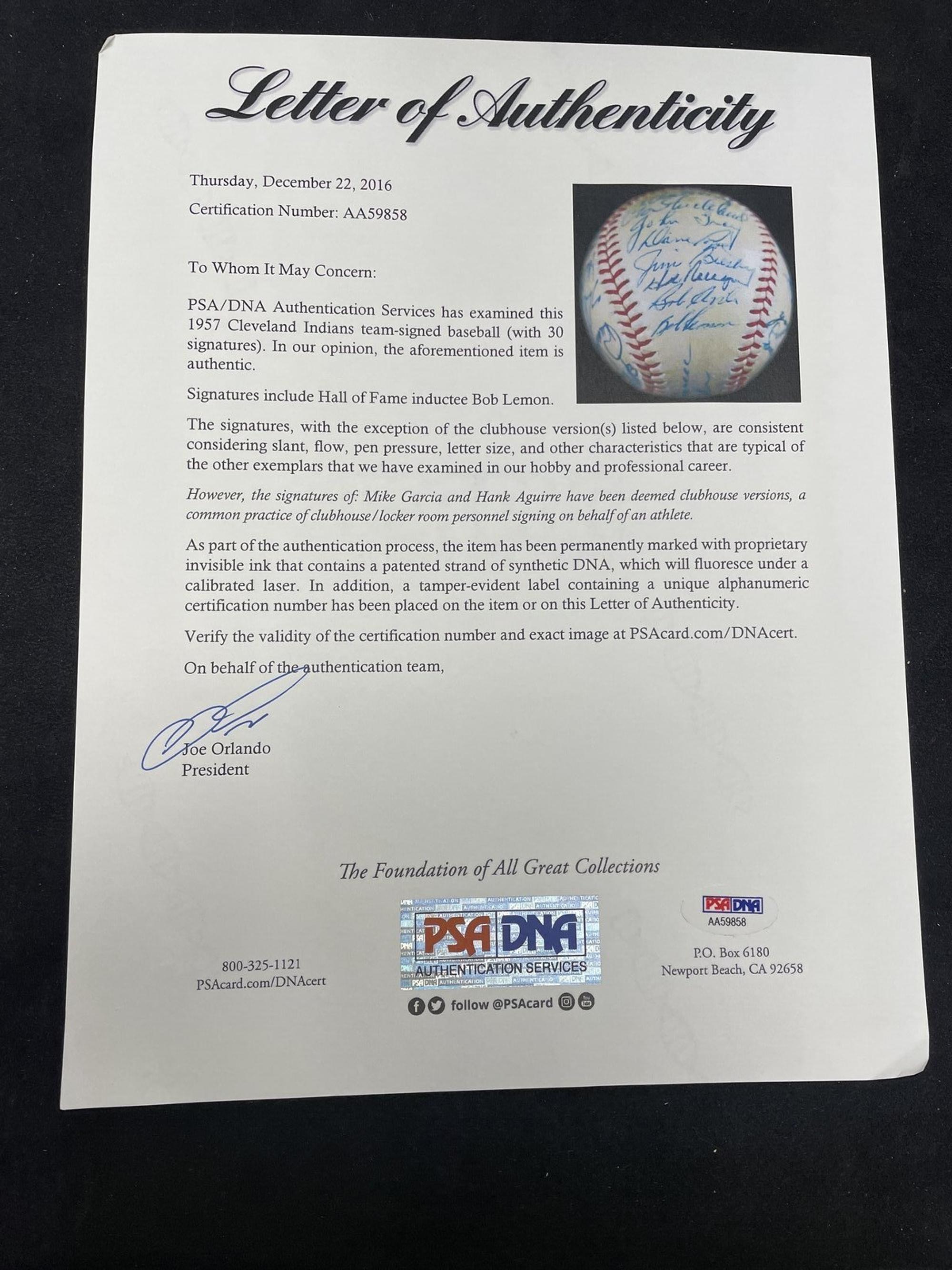 A 1957 Cleveland Indians Team Signed Autograph Baseball (PSA Letter of Authenticity)