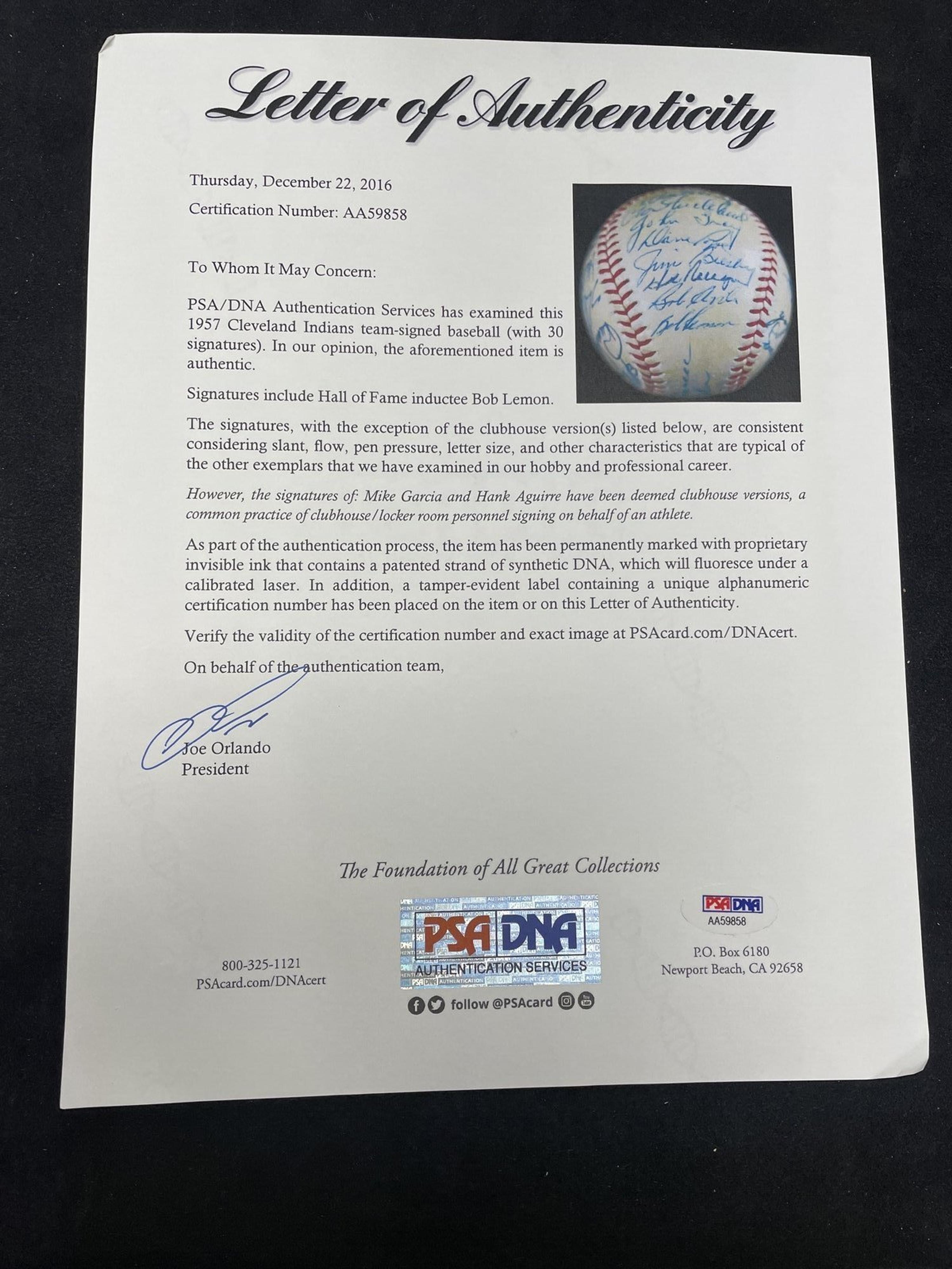 A 1957 Cleveland Indians Team Signed Autograph Baseball (PSA Letter of Authenticity)