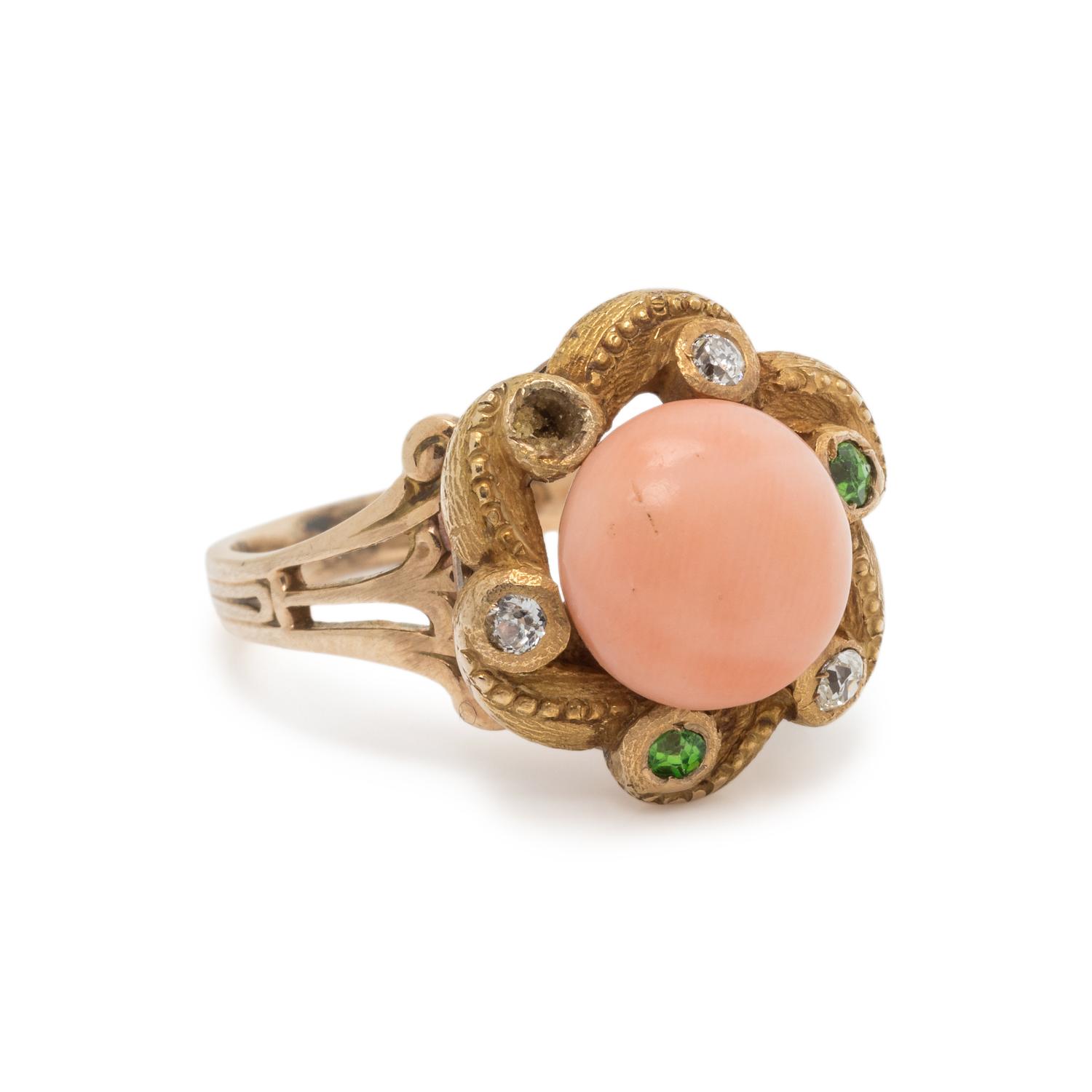 ANGEL SKIN CORAL, DIAMOND AND DEMANTOID GARNET RING