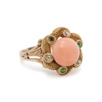 ANGEL SKIN CORAL, DIAMOND AND DEMANTOID GARNET RING