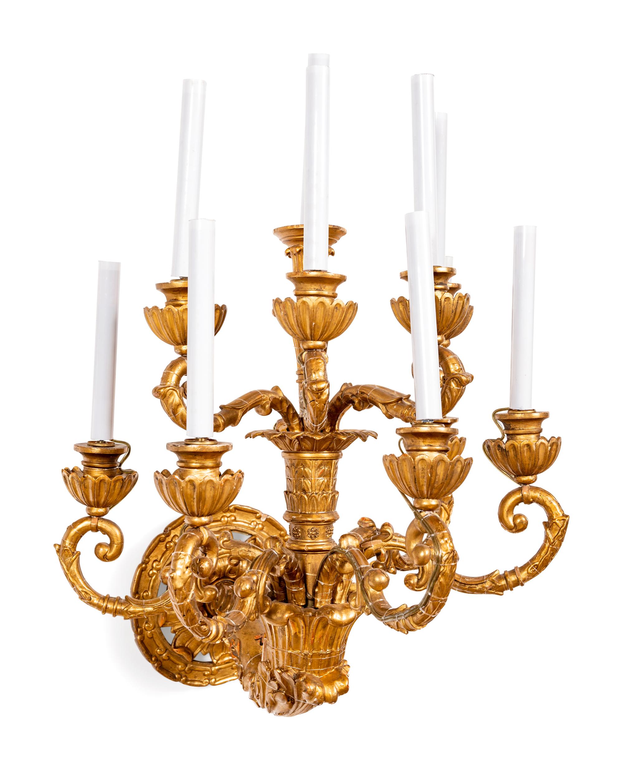 Two Similar Pairs of Neoclassical Style Giltwood Sconces