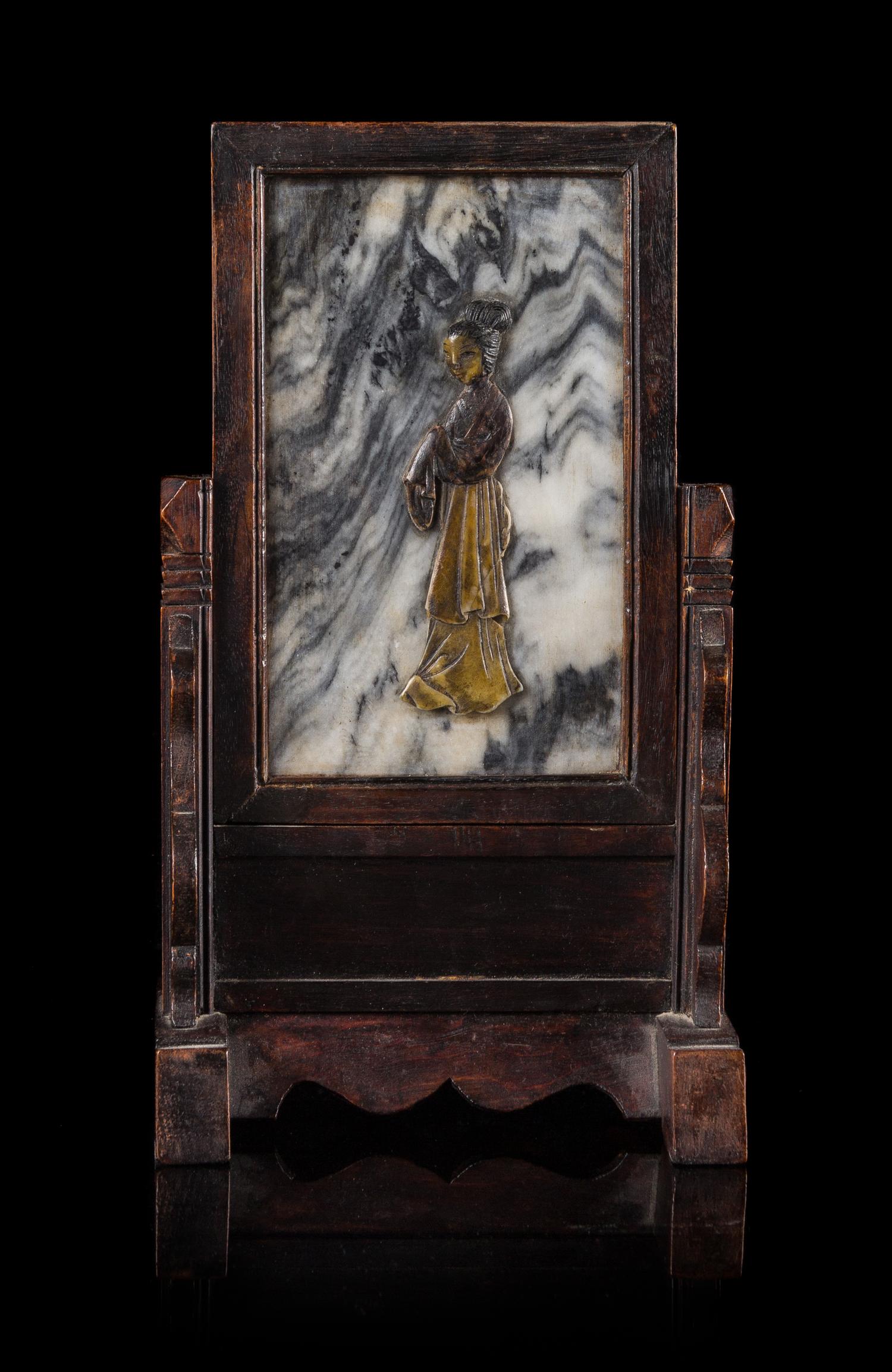 A Hardstone Inset Wood Table Screen Height 10 inches.