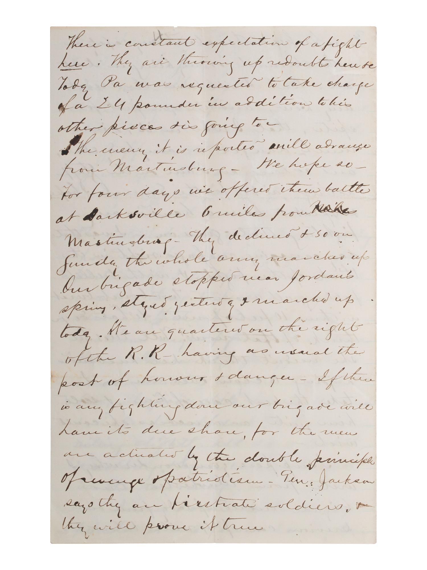 PENDLETON, Alexander Swift "Sandie" (1840-1864). Autograph letter signed ("A.S. Pendleton"). Winchester, [VA], 10 July 1861.